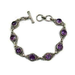Amethyst Bracelet, Sterling Silver, Vintage Bracelet, Purple Stone, Linked